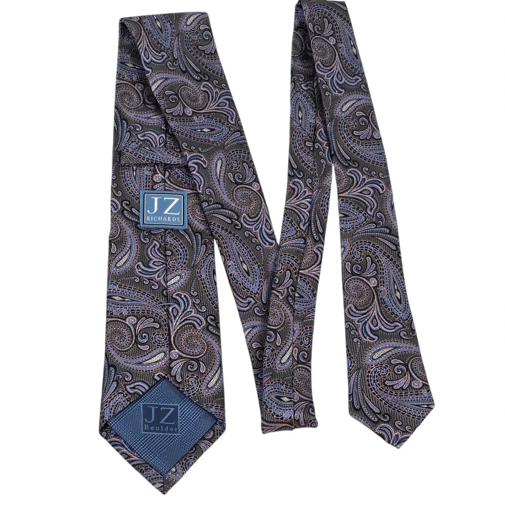 JZ Richards Mens Necktie Gray Pink Blue Silk Paisley Handmade Embroidered USA